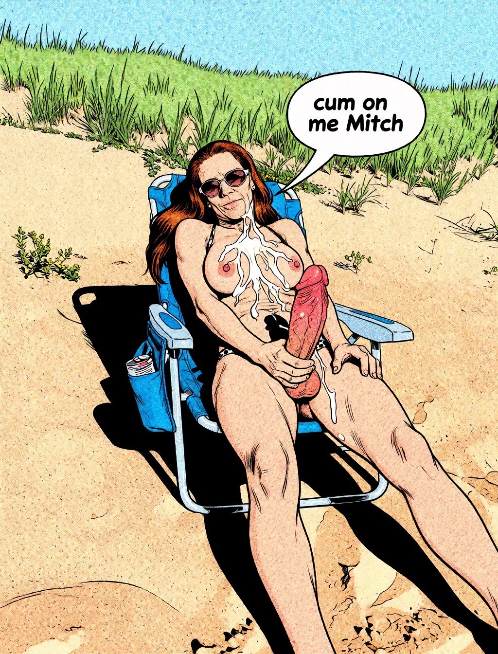 Redraw the entire picture as western comic-book art: heavy black inked outlines, hard-edged cel shading, limited high-contrast colour and visible halftone dot texture. The background is drawn in the same style. Nothing in the frame keeps its photographic appearance. Above all, the picture must show: A huge cock is cumming on her tits and she says "cum on me Mitch".