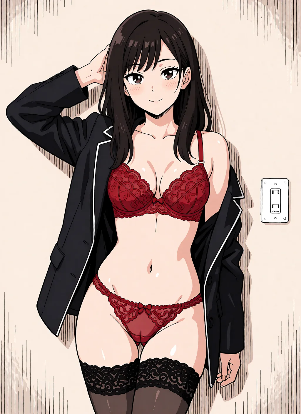 Redraw the entire picture as a hand-drawn anime illustration in flat cel-shaded anime style. It stays the same person with the same face, the same expression, the same hair and the same skin tone, and every other detail of the photograph is kept exactly as it is: nothing is added, removed, moved, uncovered or recoloured. Only the medium changes, and no part of the picture is left photographic. Above all, the picture must show: The young woman has a small bust (size 1). The red bra is slightly sheer, revealing her breasts underneath. The red panties are also slightly sheer, revealing her vagina underneath. The pose, hairstyle, and body proportions (except for the bust) must match the original image.