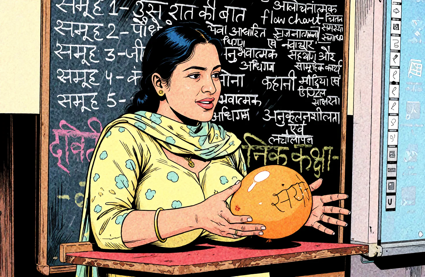 Redraw the entire picture as western comic-book art: heavy black inked outlines, hard-edged cel shading, limited high-contrast colour and visible halftone dot texture. The background is drawn in the same style. Nothing in the frame keeps its photographic appearance. Above all, the picture must show: sex big breasts.