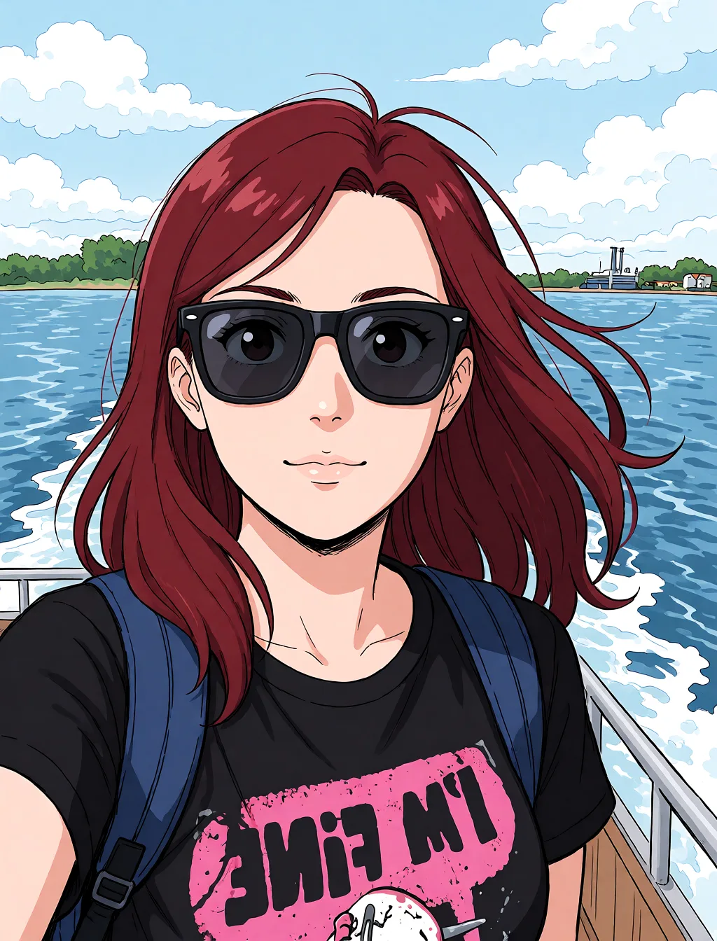 Redraw the entire picture as a hand-drawn anime illustration in flat cel-shaded anime style. It stays the same person with the same face, the same expression, the same hair and the same skin tone, and every other detail of the photograph is kept exactly as it is: nothing is added, removed, moved, uncovered or recoloured. Only the medium changes, and no part of the picture is left photographic. Above all, the picture must show: Kobieta na pierwszym planie ma być naga twarz okulary zostaw.