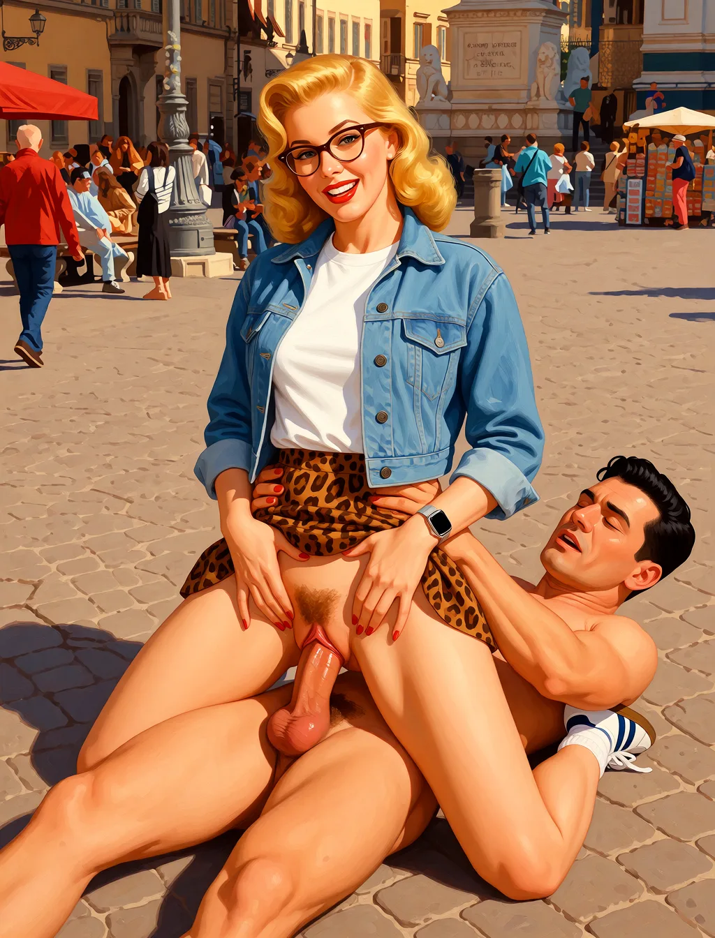 Redraw the entire picture as a retro pin-up illustration: smooth airbrushed gouache paint, warm saturated mid-century colour, clean confident outlines and glamorous stylised features, in the look of a 1950s pin-up poster. The background is painted in the same style. Nothing in the frame keeps its photographic appearance. Above all, the picture must show: doggystyle sex with another man.