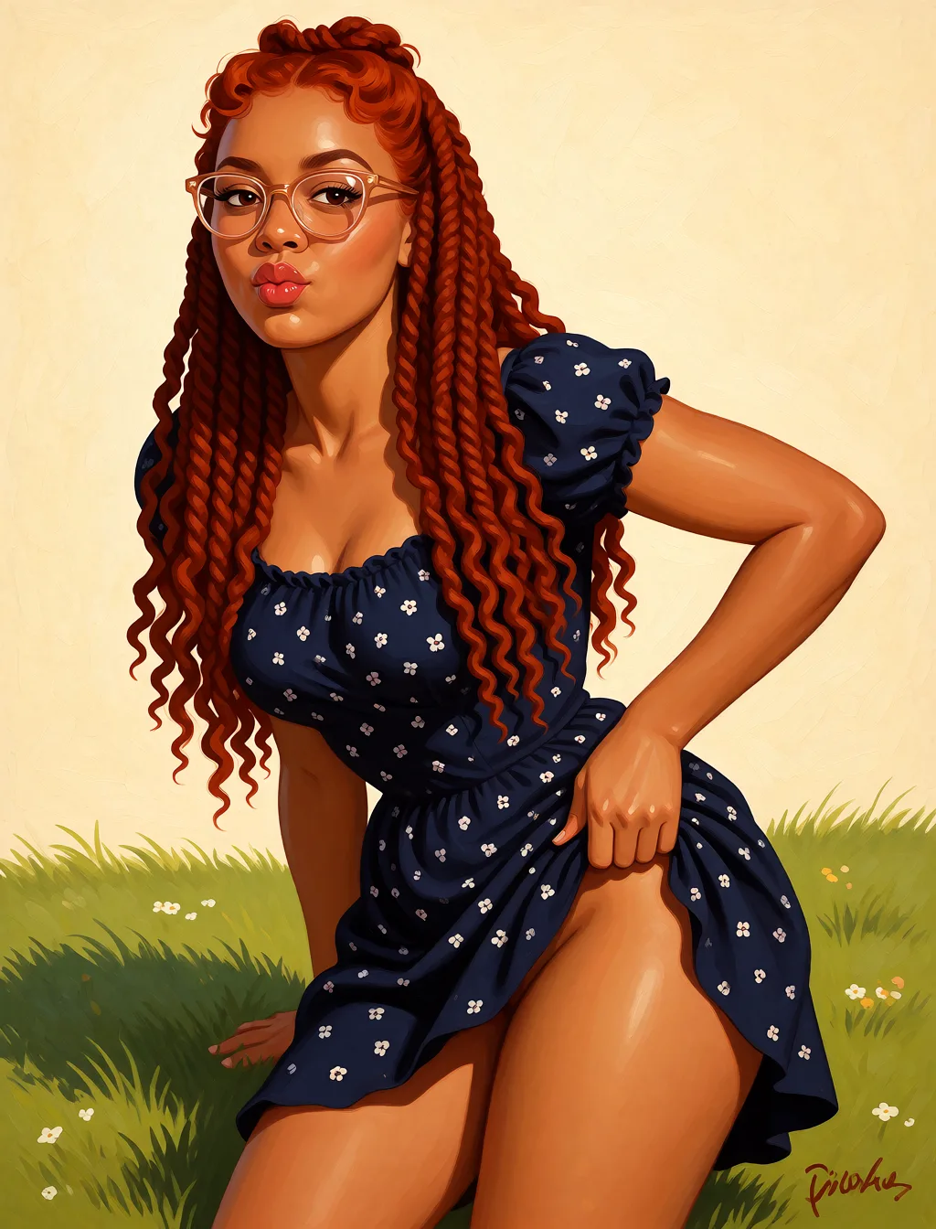 Redraw the entire picture as a retro pin-up illustration: smooth airbrushed gouache paint, warm saturated mid-century colour, clean confident outlines and glamorous stylised features, in the look of a 1950s pin-up poster. The background is painted in the same style. Nothing in the frame keeps its photographic appearance. Above all, the picture must show: one hand lifting dress showing thighs.