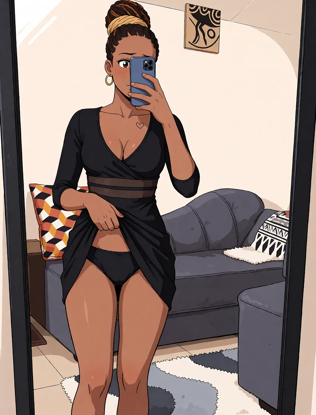 Redraw the entire picture as a hand-drawn anime illustration in flat cel-shaded anime style. It stays the same person with the same face, the same expression, the same hair and the same skin tone, and every other detail of the photograph is kept exactly as it is: nothing is added, removed, moved, uncovered or recoloured. Only the medium changes, and no part of the picture is left photographic. Above all, the picture must show: one hand lifting dress showing panties.