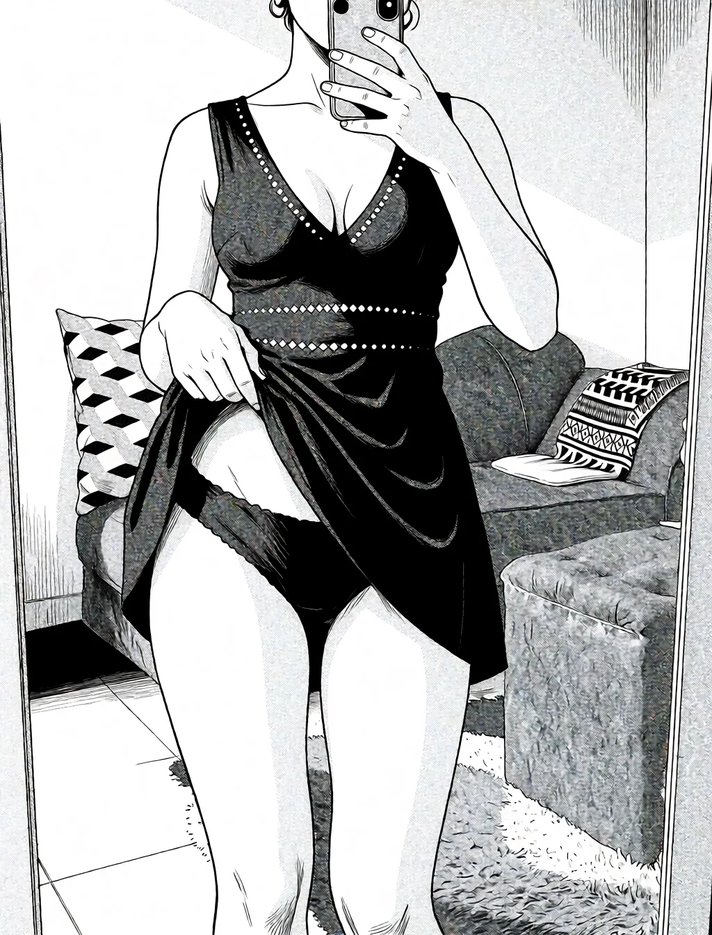 Redraw the entire picture as a black and white manga page: crisp black ink line art, no colour anywhere, flat halftone screentone shading, hatched shadows and clean white highlights, in the look of a printed manga panel. The background is drawn in the same style. Nothing in the frame keeps its photographic appearance. Above all, the picture must show: lifting dress showing thighs and panties.