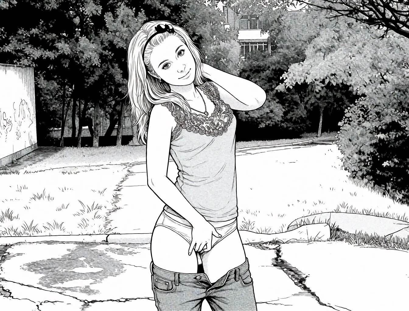 Redraw the entire picture as a black and white manga page: crisp black ink line art, no colour anywhere, flat halftone screentone shading, hatched shadows and clean white highlights, in the look of a printed manga panel. The background is drawn in the same style. Nothing in the frame keeps its photographic appearance. Above all, the picture must show: Her pants and panties are pulled down to her knees, and she is touching her vagina. The character is visible in full growth.