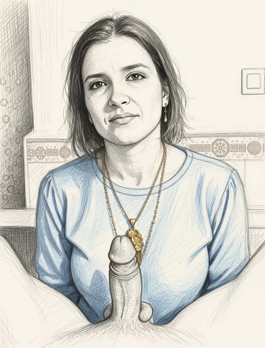 Redraw the entire picture as a hand-drawn graphite sketch on off-white paper: visible pencil strokes, cross-hatched shading, loose construction lines and no colour beyond the grey of the pencil and the tone of the paper. The background is drawn in the same style. Nothing in the frame keeps its photographic appearance. Above all, the picture must show: Blowjob pov.