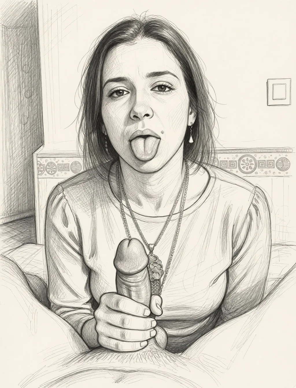 Redraw the entire picture as a hand-drawn graphite sketch on off-white paper: visible pencil strokes, cross-hatched shading, loose construction lines and no colour beyond the grey of the pencil and the tone of the paper. The background is drawn in the same style. Nothing in the frame keeps its photographic appearance. Above all, the picture must show: Sucking dick pov.