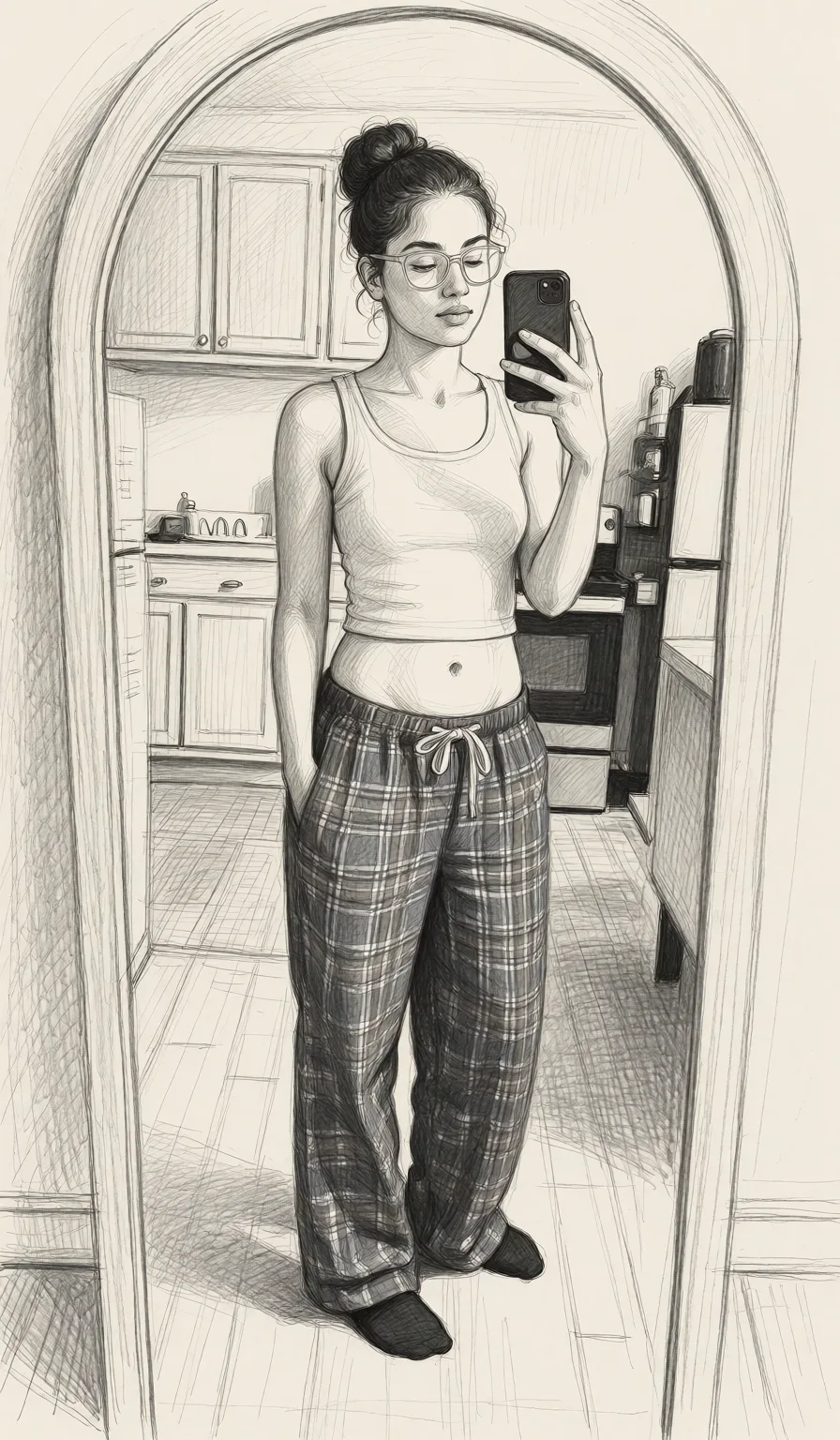 Redraw the entire picture as a hand-drawn graphite sketch on off-white paper: visible pencil strokes, cross-hatched shading, loose construction lines and no colour beyond the grey of the pencil and the tone of the paper. The background is drawn in the same style. Nothing in the frame keeps its photographic appearance. Above all, the picture must show: make her naked_shirt.