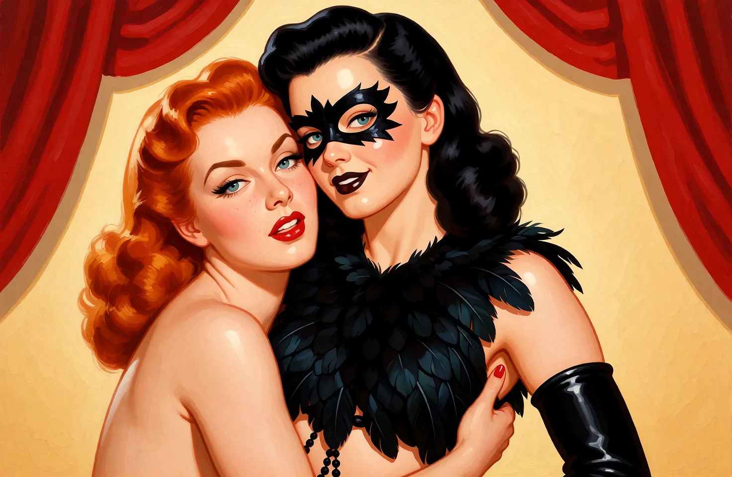 Redraw the entire picture as a retro pin-up illustration: smooth airbrushed gouache paint, warm saturated mid-century colour, clean confident outlines and glamorous stylised features, in the look of a 1950s pin-up poster. The background is painted in the same style. Nothing in the frame keeps its photographic appearance. Above all, the picture must show: a woman with red hair embraces her.