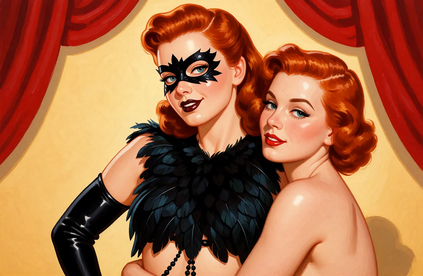 Redraw the entire picture as a retro pin-up illustration: smooth airbrushed gouache paint, warm saturated mid-century colour, clean confident outlines and glamorous stylised features, in the look of a 1950s pin-up poster. The background is painted in the same style. Nothing in the frame keeps its photographic appearance. Above all, the picture must show: a nude woman with short red hair embraces her.