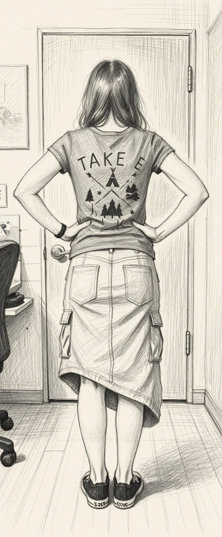 Redraw the entire picture as a hand-drawn graphite sketch on off-white paper: visible pencil strokes, cross-hatched shading, loose construction lines and no colour beyond the grey of the pencil and the tone of the paper. The background is drawn in the same style. Nothing in the frame keeps its photographic appearance. Above all, the picture must show: bottomless from_behind presenting.
