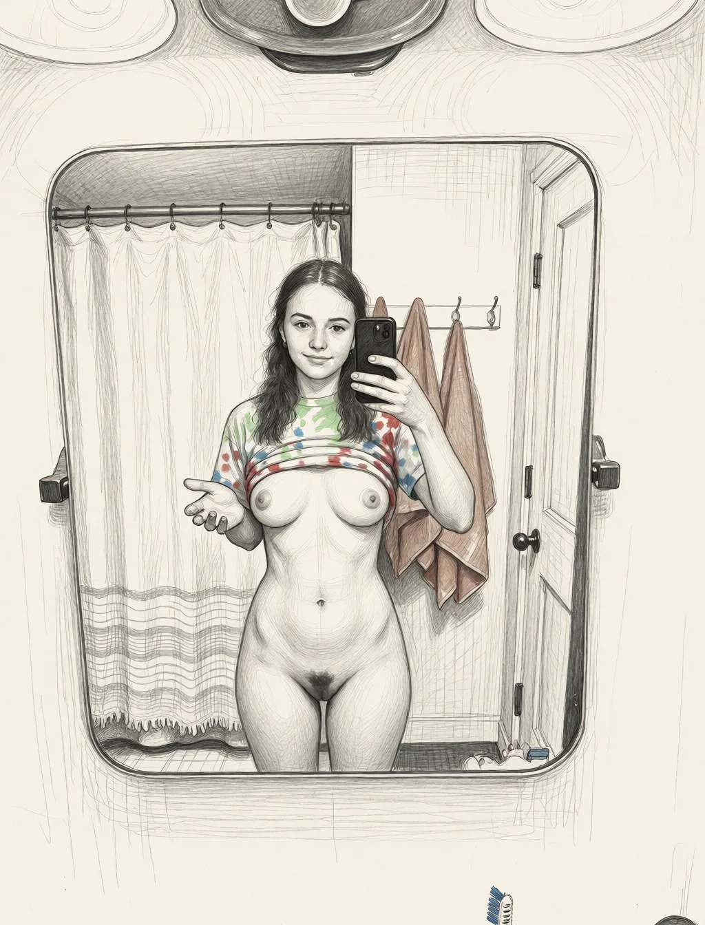 Redraw the entire picture as a hand-drawn graphite sketch on off-white paper: visible pencil strokes, cross-hatched shading, loose construction lines and no colour beyond the grey of the pencil and the tone of the paper. The background is drawn in the same style. Nothing in the frame keeps its photographic appearance. Above all, the picture must show: completely_nude pussy_juice.