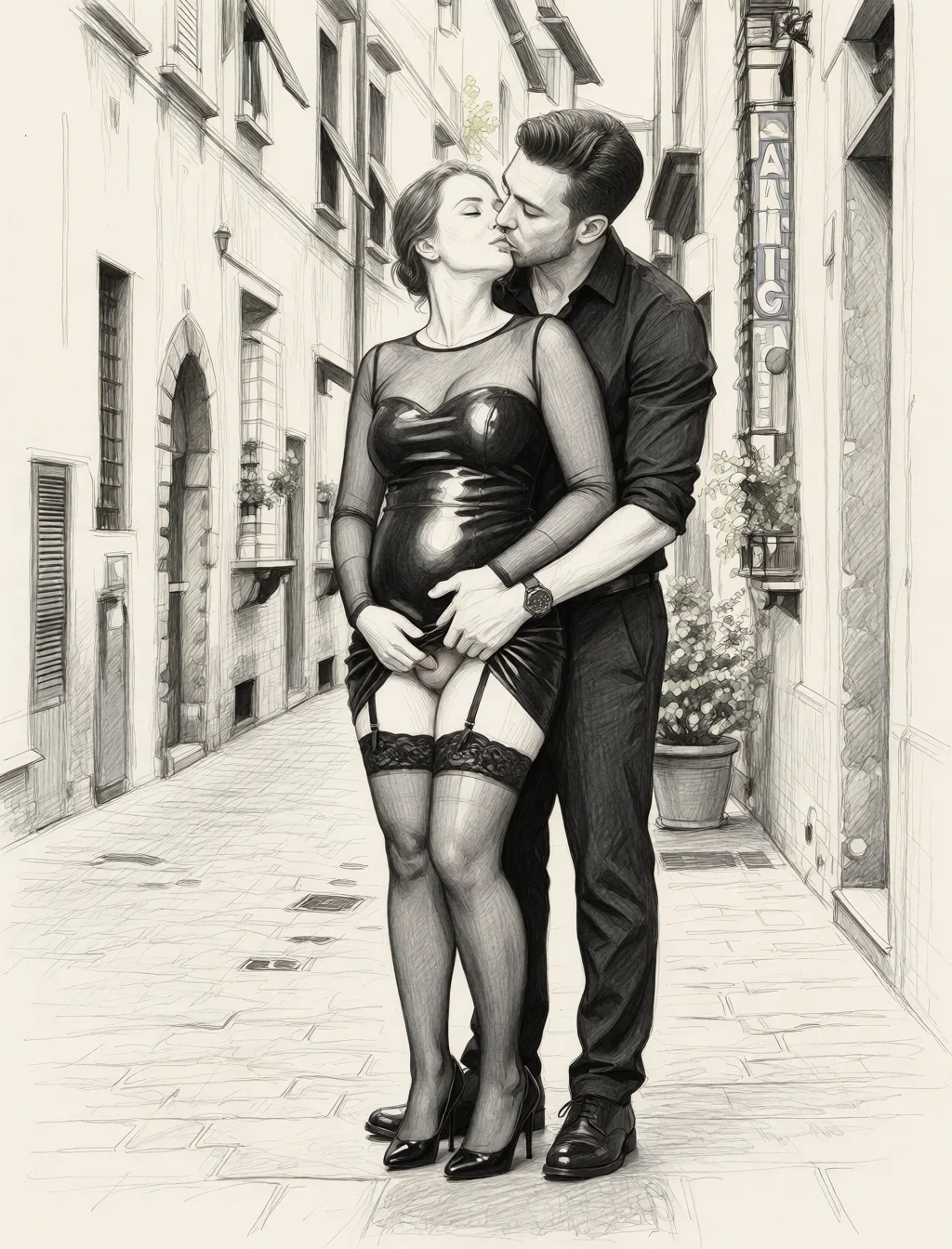 Redraw the entire picture as a hand-drawn graphite sketch on off-white paper: visible pencil strokes, cross-hatched shading, loose construction lines and no colour beyond the grey of the pencil and the tone of the paper. The background is drawn in the same style. Nothing in the frame keeps its photographic appearance. Above all, the picture must show: Kissing and touch under the skirt fingering.