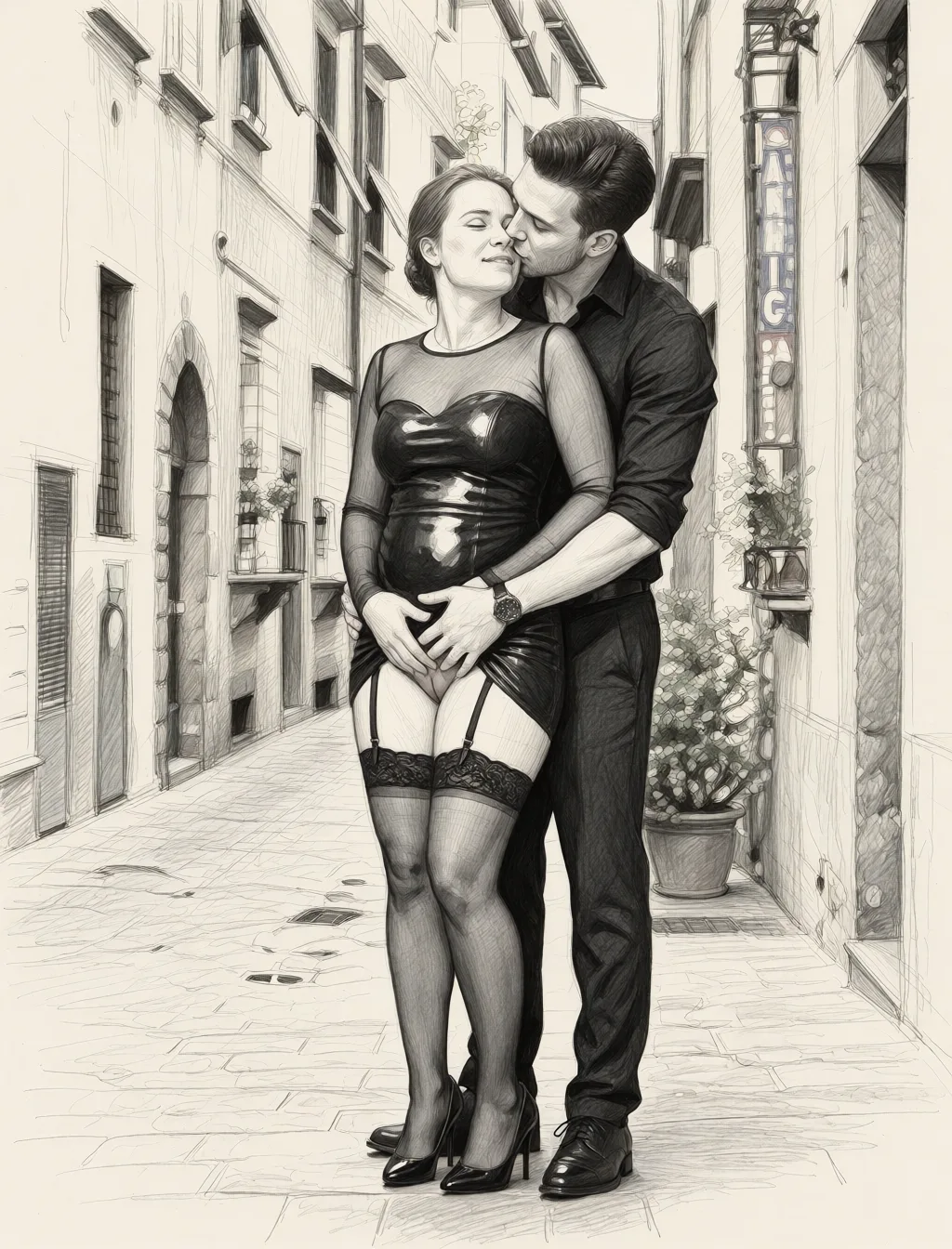 Redraw the entire picture as a hand-drawn graphite sketch on off-white paper: visible pencil strokes, cross-hatched shading, loose construction lines and no colour beyond the grey of the pencil and the tone of the paper. The background is drawn in the same style. Nothing in the frame keeps its photographic appearance. Above all, the picture must show: He kiss and fingering her pussy.