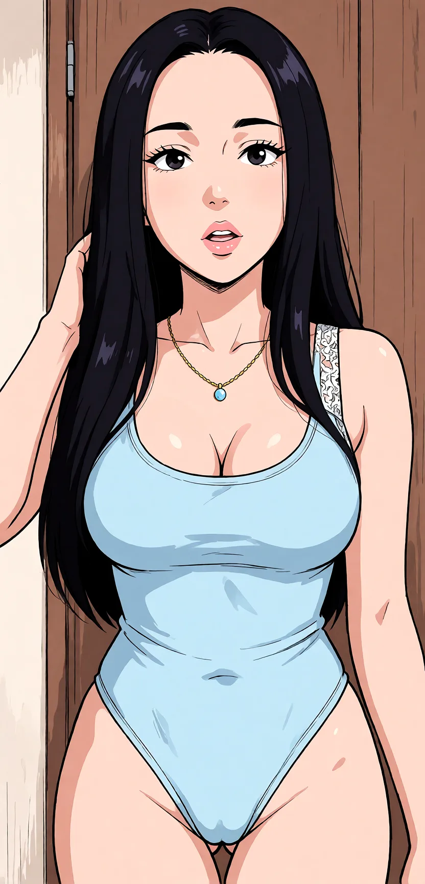 Redraw the entire picture as a hand-drawn anime illustration in flat cel-shaded anime style. It stays the same person with the same face, the same expression, the same hair and the same skin tone, and every other detail of the photograph is kept exactly as it is: nothing is added, removed, moved, uncovered or recoloured. Only the medium changes, and no part of the picture is left photographic. Above all, the picture must show: Make her naked and show her bodysuit.