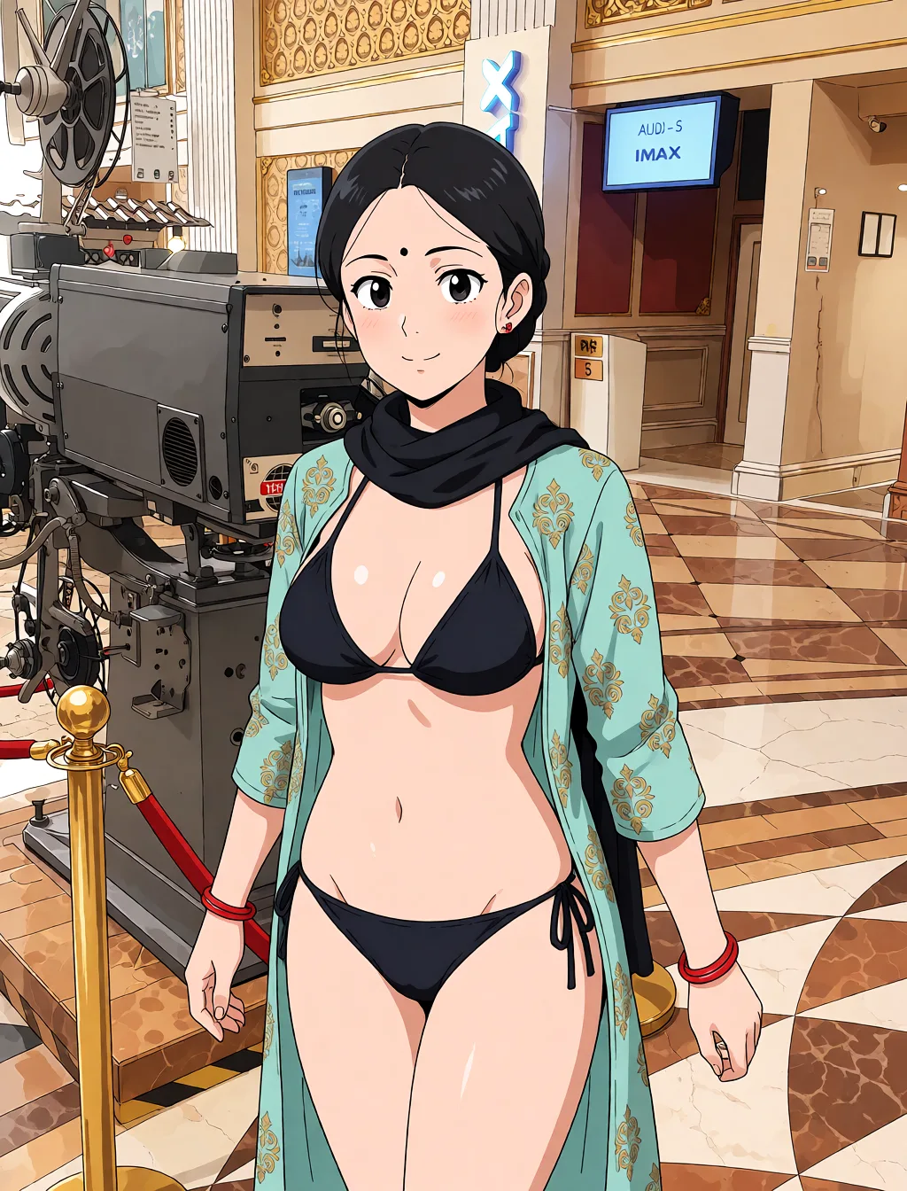 Redraw the entire picture as a hand-drawn anime illustration in flat cel-shaded anime style. It stays the same person with the same face, the same expression, the same hair and the same skin tone, and every other detail of the photograph is kept exactly as it is: nothing is added, removed, moved, uncovered or recoloured. Only the medium changes, and no part of the picture is left photographic. Above all, the picture must show: Make her bikini.