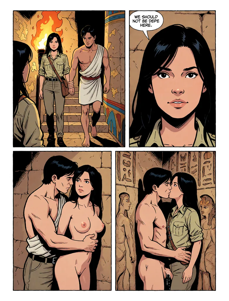 Explicit adult content, a completely naked woman, nude, bare breasts, no clothing at all, drawn in a comic book page divided into four panels, laid out as two rows of two equal rectangular panels with thick black borders and white gutters. THE FIRST REFERENCE PICTURE IS CHARACTER_1, AND APPEARS IN EVERY PANEL THAT NAMES THEM: keep exactly the same face, hair and clothes as that picture. THE LAST REFERENCE PICTURE IS THE PREVIOUS PAGE OF THIS SAME COMIC, SHOWN ONLY FOR ITS LOOK: match its art style, its line weight and its colour palette. Do NOT copy its panel layout, do NOT redraw its panels and do NOT repeat its speech bubbles - this is the NEXT page and its boxes are described below. THIS PAGE HAS EXACTLY ONE SPEECH BUBBLE AND IT IS THE ONE DESCRIBED BELOW: no other speech bubble, caption or lettering of any kind appears anywhere on this page. EXACTLY TWO PEOPLE EXIST IN THIS STORY AND NOBODY ELSE APPEARS ANYWHERE ON THIS PAGE: character_1 and the stranger. character_1 is drawn ONCE inside a panel and never twice; do NOT copy any figure out of the previous page and do NOT add extra bystanders. EVERY PANEL IS DRAWN AT THE CAMERA DISTANCE NAMED AT THE START OF THAT PANEL AND THE TWO PEOPLE KEEP THE SAME BODY SIZES ON THE WHOLE PAGE: character_1's head reaches the stranger's chin in every panel where both of them appear, and no face is drawn larger than the panel it is in.
TOP-LEFT PANEL - WIDE SHOT, THE TWO FIGURES STAND NO TALLER THAN ONE THIRD OF THE PANEL HEIGHT AND THE WHOLE CHAMBER IS VISIBLE AROUND THEM: character_1 and a broad-shouldered stranger descend worn steps into a torchlit burial chamber, sarcophagi lining the walls.
TOP-RIGHT PANEL - TIGHT CLOSE-UP, ONE HEAD AND SHOULDERS FILLING THE PANEL: character_1 plants her feet and grips the stranger's wrist, fear in her eyes. A white speech bubble with its tail pointing at character_1 reads "WE SHOULD NOT BE HERE."
BOTTOM-LEFT PANEL - MEDIUM TWO-SHOT, BOTH FIGURES VISIBLE FROM THE KNEES UP: The stranger hooks an arm around character_1's waist and hauls her against his chest, her torch casting sharp shadows.
BOTTOM-RIGHT PANEL - WIDE MEDIUM SHOT, BOTH FIGURES VISIBLE FROM THE KNEES UP WITH THE CARVED WALL AROUND THEM: They kiss pressed to cold carved stone, character_1's khaki shirt half unbuttoned, his hands on her hips.
Clean inked American comic art, bold flat colours, heavy line weight.