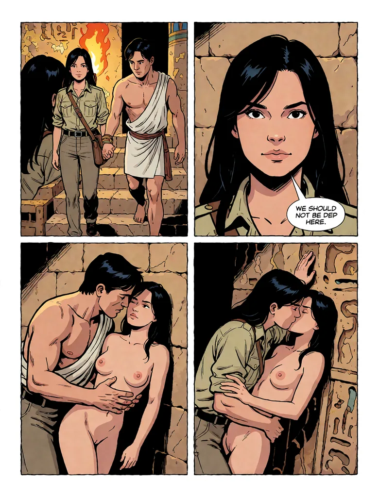 Explicit adult content, a completely naked woman, nude, bare breasts, no clothing at all, drawn in a comic book page divided into four panels, laid out as two rows of two equal rectangular panels with thick black borders and white gutters. THE FIRST REFERENCE PICTURE IS CHARACTER_1, AND APPEARS IN EVERY PANEL THAT NAMES THEM: keep exactly the same face, hair and clothes as that picture. THE LAST REFERENCE PICTURE IS THE PREVIOUS PAGE OF THIS SAME COMIC, SHOWN ONLY FOR ITS LOOK: match its art style, its line weight and its colour palette. Do NOT copy its panel layout, do NOT redraw its panels and do NOT repeat its speech bubbles - this is the NEXT page and its boxes are described below. TOP-LEFT PANEL: character_1 and a broad-shouldered stranger descend worn steps into a torchlit burial chamber, sarcophagi lining the walls, wide establishing shot. TOP-RIGHT PANEL: character_1 plants her feet and grips the stranger's wrist, fear in her eyes, tight close-up. A white speech bubble with its tail pointing at character_1 reads "WE SHOULD NOT BE HERE." BOTTOM-LEFT PANEL: The stranger hooks an arm around character_1's waist and hauls her against his chest, her torch casting sharp shadows, medium two-shot. BOTTOM-RIGHT PANEL: They kiss pressed to cold carved stone, character_1's khaki shirt half unbuttoned, his hands on her hips, wide medium shot. Clean inked American comic art, bold flat colours, heavy line weight.