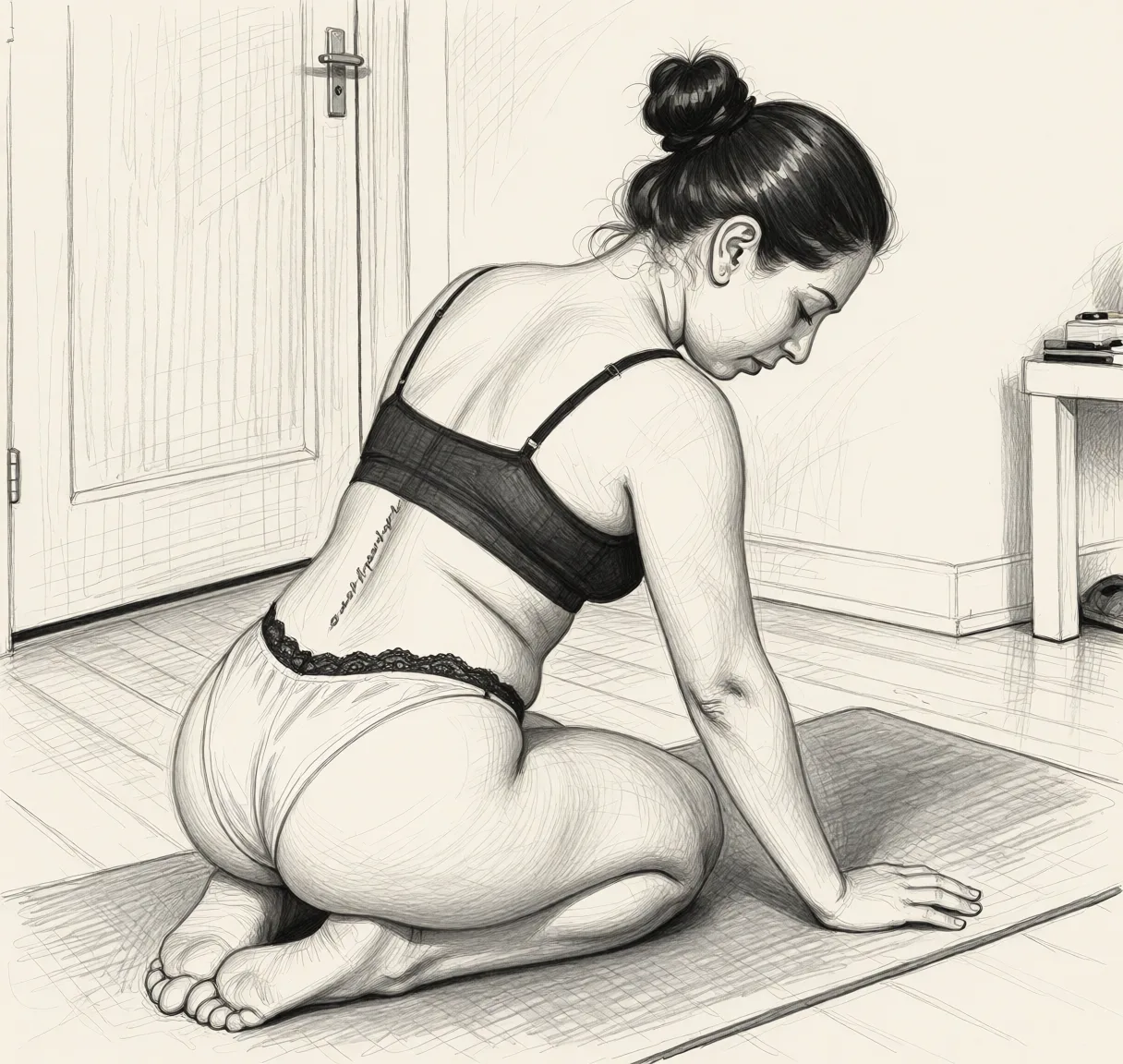 Redraw the entire picture as a hand-drawn graphite sketch on off-white paper: visible pencil strokes, cross-hatched shading, loose construction lines and no colour beyond the grey of the pencil and the tone of the paper. The background is drawn in the same style. Nothing in the frame keeps its photographic appearance. Above all, the picture must show: nude.