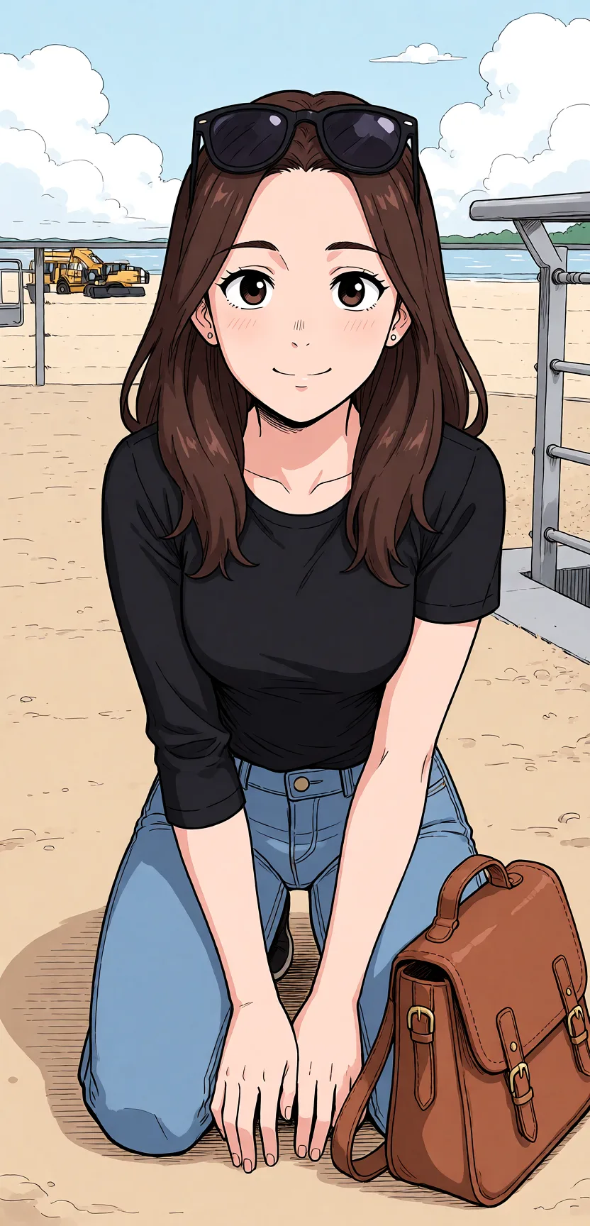 Redraw the entire picture as a hand-drawn anime illustration in flat cel-shaded anime style. It stays the same person with the same face, the same expression, the same hair and the same skin tone, and every other detail of the photograph is kept exactly as it is: nothing is added, removed, moved, uncovered or recoloured. Only the medium changes, and no part of the picture is left photographic. Above all, the picture must show: no_bra vaginal.