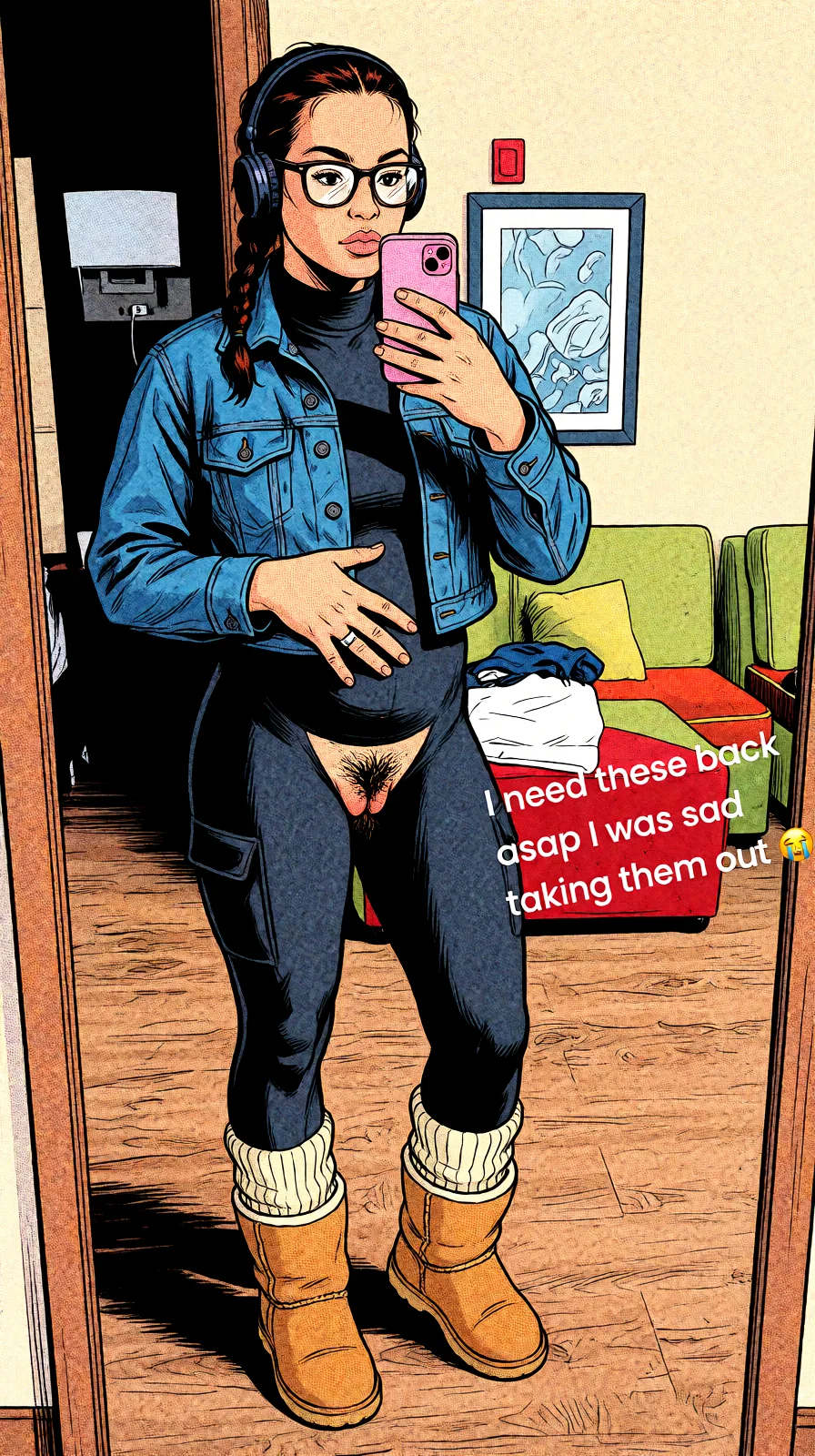 Redraw the entire picture as western comic-book art: heavy black inked outlines, hard-edged cel shading, limited high-contrast colour and visible halftone dot texture. The background is drawn in the same style. Nothing in the frame keeps its photographic appearance. Above all, the picture must show: Hairy pussy.
