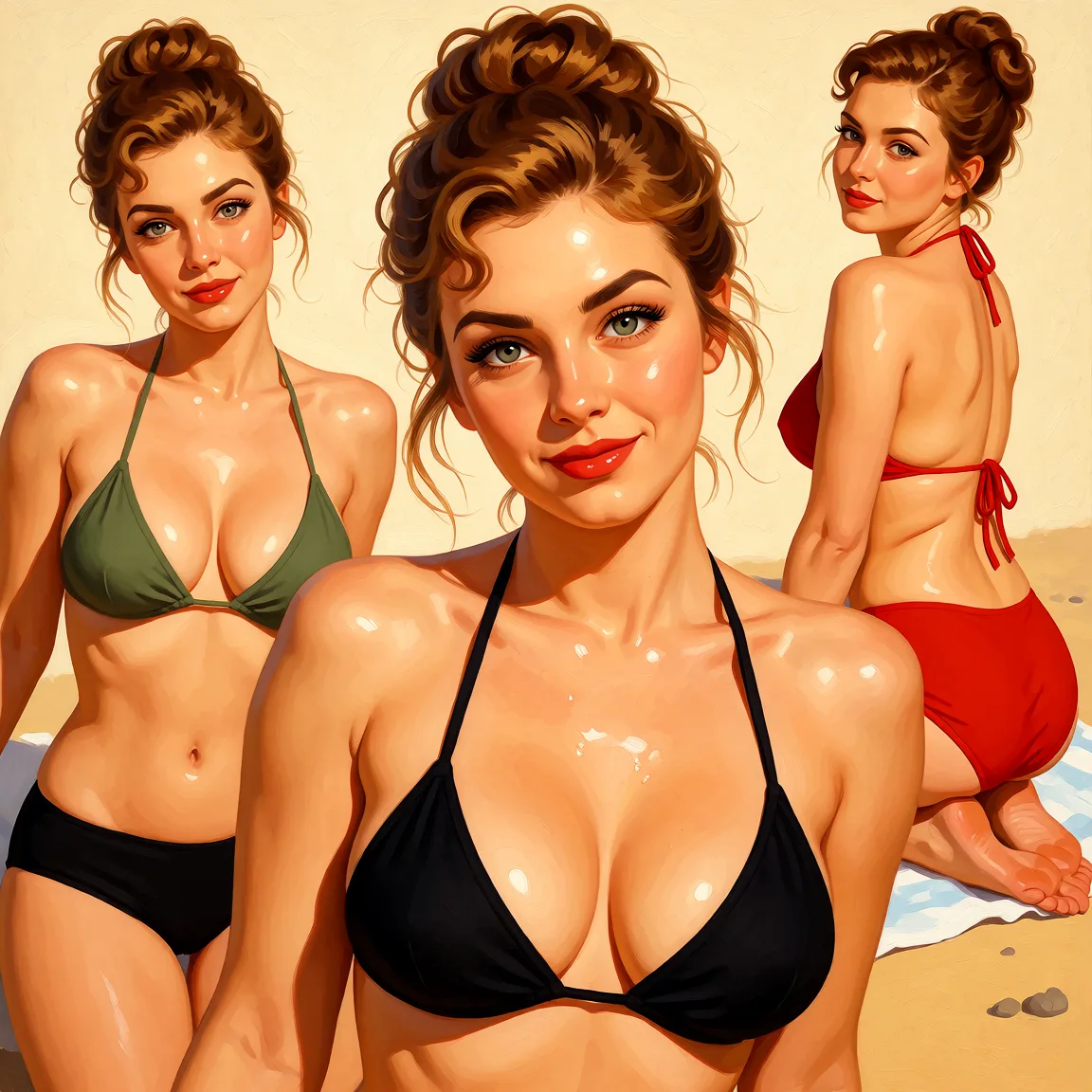 Redraw the entire picture as a retro pin-up illustration: smooth airbrushed gouache paint, warm saturated mid-century colour, clean confident outlines and glamorous stylised features, in the look of a 1950s pin-up poster. The background is painted in the same style. Nothing in the frame keeps its photographic appearance. Above all, the picture must show: sex.