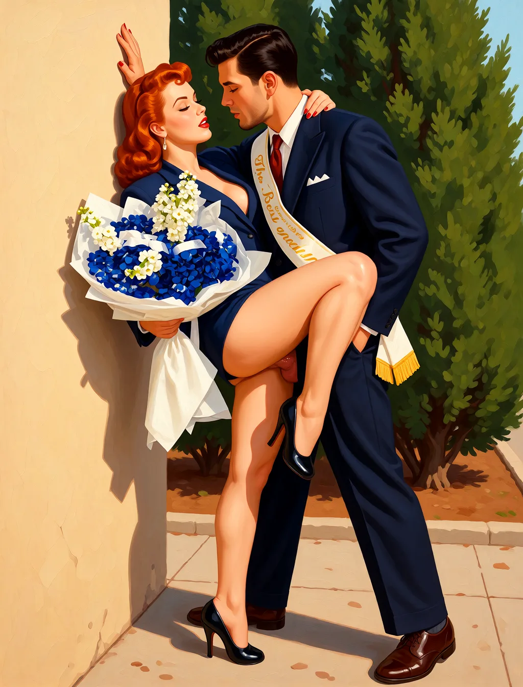 Redraw the entire picture as a retro pin-up illustration: smooth airbrushed gouache paint, warm saturated mid-century colour, clean confident outlines and glamorous stylised features, in the look of a 1950s pin-up poster. The background is painted in the same style. Nothing in the frame keeps its photographic appearance. Above all, the picture must show: She presses against the wall with one leg raised high as he supports her weight and thrusts deep. Watch every detail of the rhythmic motion in this intense, side-angle encounter.