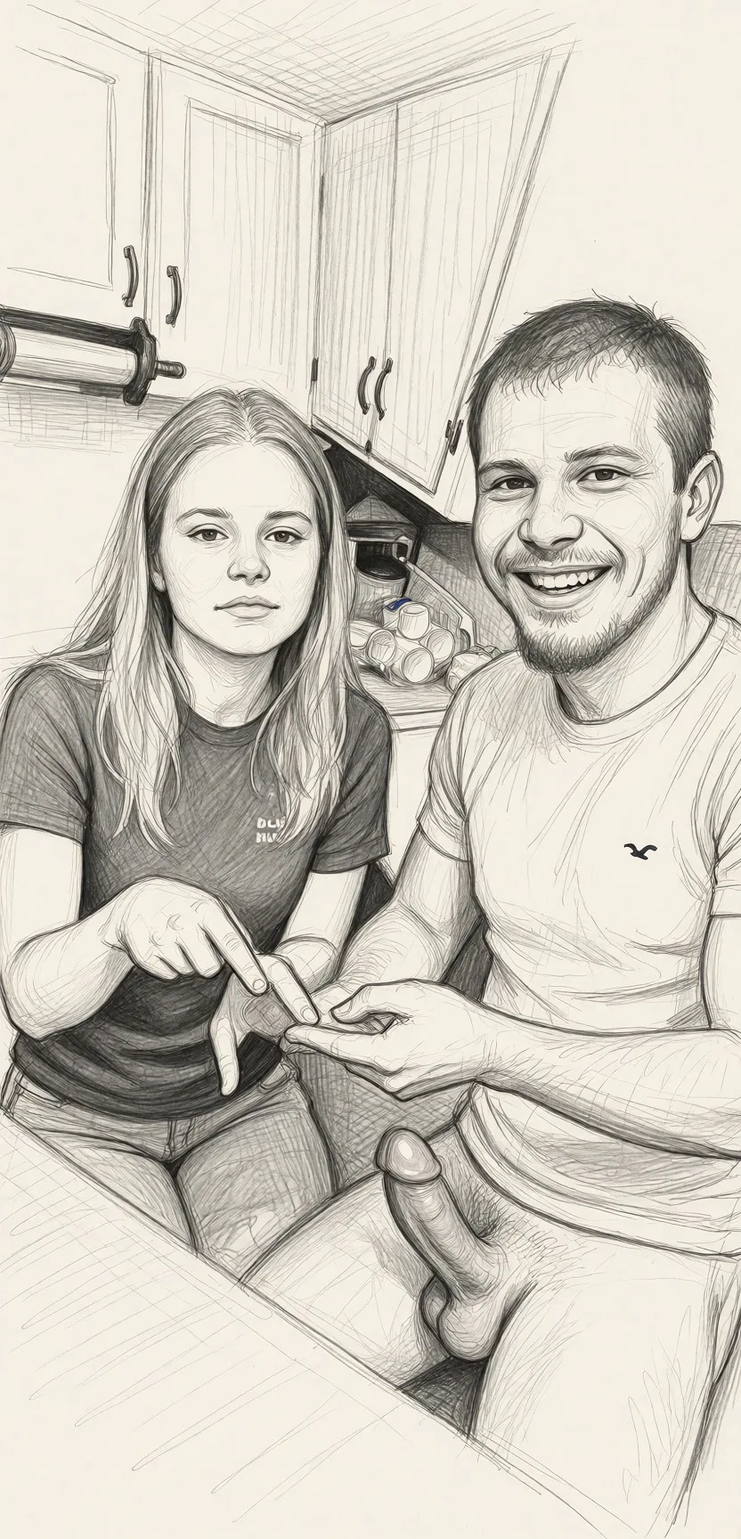 Redraw the entire picture as a hand-drawn graphite sketch on off-white paper: visible pencil strokes, cross-hatched shading, loose construction lines and no colour beyond the grey of the pencil and the tone of the paper. The background is drawn in the same style. Nothing in the frame keeps its photographic appearance. Above all, the picture must show: Dick suck.