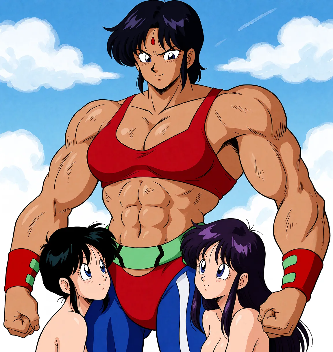 Redraw the entire picture as a hand-drawn anime illustration in flat cel-shaded anime style. It stays the same person with the same face, the same expression, the same hair and the same skin tone, and every other detail of the photograph is kept exactly as it is: nothing is added, removed, moved, uncovered or recoloured. Only the medium changes, and no part of the picture is left photographic. Above all, the picture must show: Sandra guts with the biggest muscle in human history with Kei and Yuri worshipping her muscles.