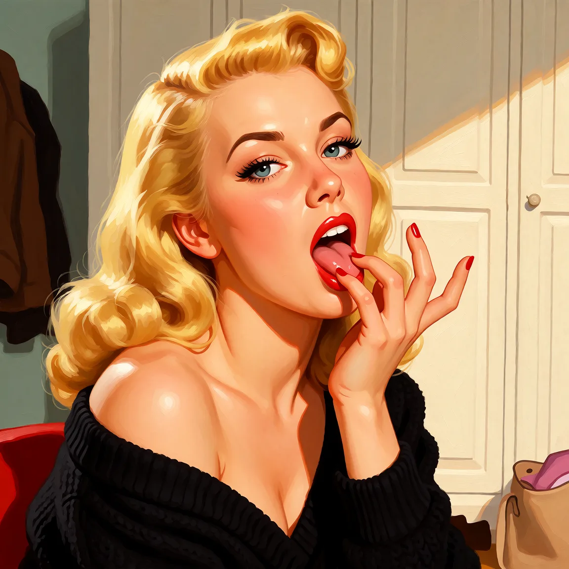 Redraw the entire picture as a retro pin-up illustration: smooth airbrushed gouache paint, warm saturated mid-century colour, clean confident outlines and glamorous stylised features, in the look of a 1950s pin-up poster. The background is painted in the same style. Nothing in the frame keeps its photographic appearance. Above all, the picture must show: Show her sucking her fingers seductively for the camera.