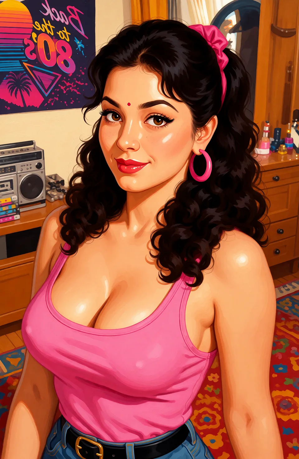 Redraw the entire picture as a retro pin-up illustration: smooth airbrushed gouache paint, warm saturated mid-century colour, clean confident outlines and glamorous stylised features, in the look of a 1950s pin-up poster. The background is painted in the same style. Nothing in the frame keeps its photographic appearance. Above all, the picture must show: paizuri tank_top.