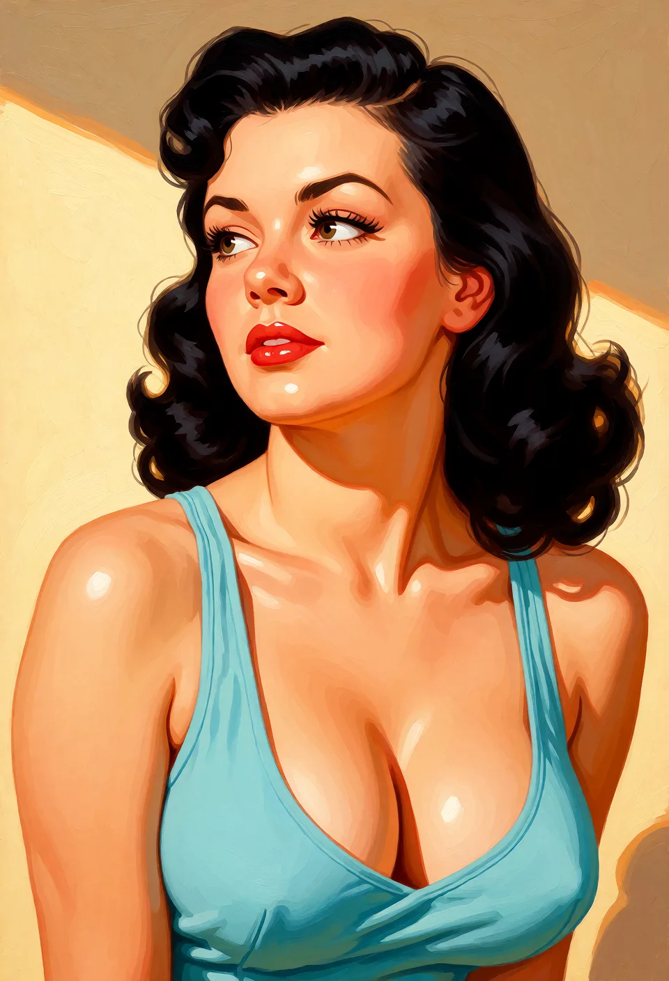 Redraw the entire picture as a retro pin-up illustration: smooth airbrushed gouache paint, warm saturated mid-century colour, clean confident outlines and glamorous stylised features, in the look of a 1950s pin-up poster. The background is painted in the same style. Nothing in the frame keeps its photographic appearance. Above all, the picture must show: Nude and look her Big tit.