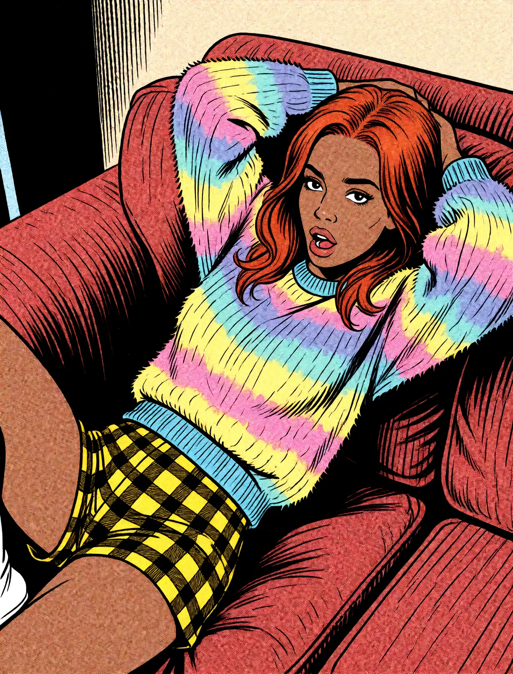Redraw the entire picture as western comic-book art: heavy black inked outlines, hard-edged cel shading, limited high-contrast colour and visible halftone dot texture. The background is drawn in the same style. Nothing in the frame keeps its photographic appearance. Above all, the picture must show: dark_skin nude.