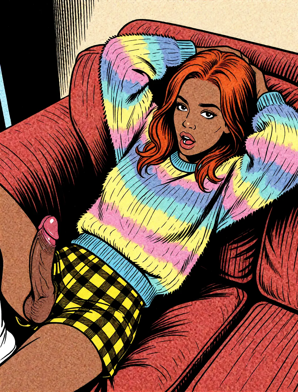 Redraw the entire picture as western comic-book art: heavy black inked outlines, hard-edged cel shading, limited high-contrast colour and visible halftone dot texture. The background is drawn in the same style. Nothing in the frame keeps its photographic appearance. Above all, the picture must show: dark_skin large_penis.