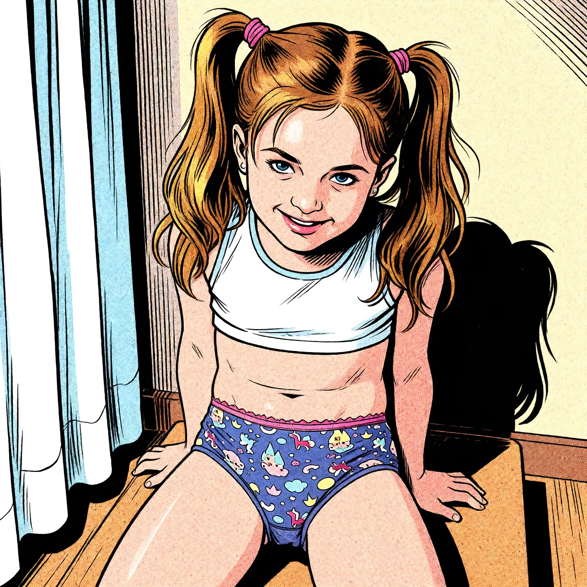 Redraw the entire picture as western comic-book art: heavy black inked outlines, hard-edged cel shading, limited high-contrast colour and visible halftone dot texture. The background is drawn in the same style. Nothing in the frame keeps its photographic appearance. Above all, the picture must show: no_panties spread_legs.