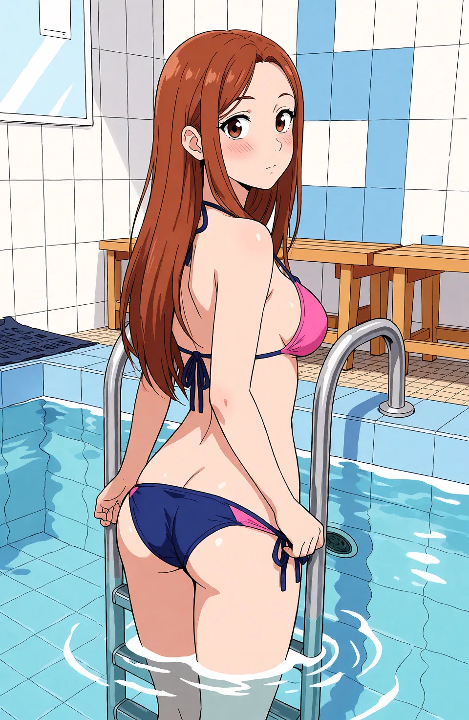 Redraw the entire picture as a hand-drawn anime illustration in flat cel-shaded anime style. It stays the same person with the same face, the same expression, the same hair and the same skin tone, and every other detail of the photograph is kept exactly as it is: nothing is added, removed, moved, uncovered or recoloured. Only the medium changes, and no part of the picture is left photographic. Above all, the picture must show:woman looking back while pulling her oanties down, full-face_blush, presenting.