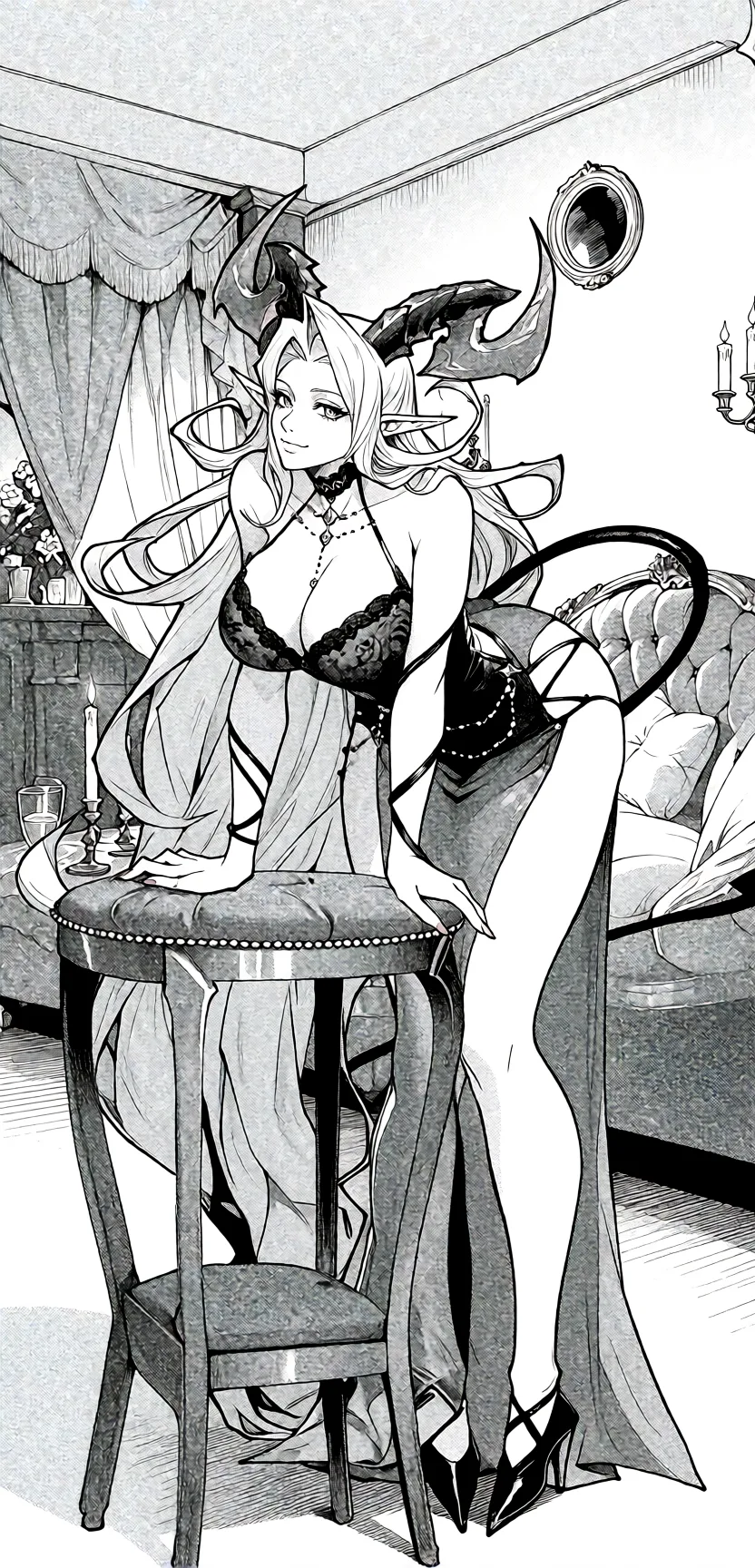 Redraw the entire picture as a black and white manga page: crisp black ink line art, no colour anywhere, flat halftone screentone shading, hatched shadows and clean white highlights, in the look of a printed manga panel. The background is drawn in the same style. Nothing in the frame keeps its photographic appearance. Above all, the picture must show: Tits out.