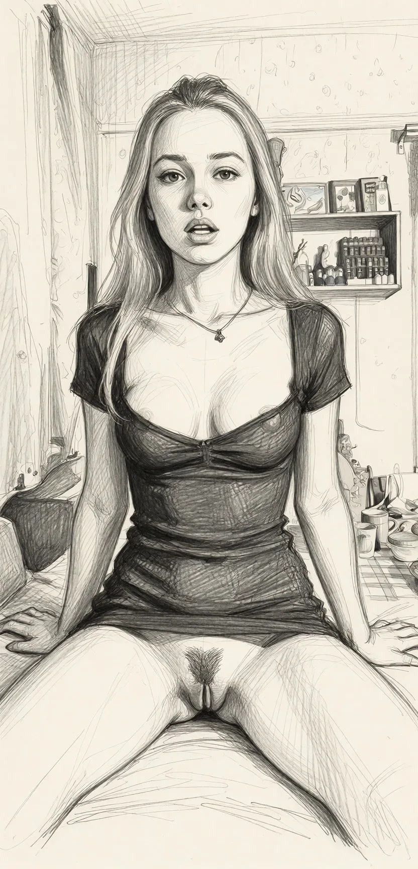 Redraw the entire picture as a hand-drawn graphite sketch on off-white paper: visible pencil strokes, cross-hatched shading, loose construction lines and no colour beyond the grey of the pencil and the tone of the paper. The background is drawn in the same style. Nothing in the frame keeps its photographic appearance. Above all, the picture must show: She needs to undress and spread her legs.