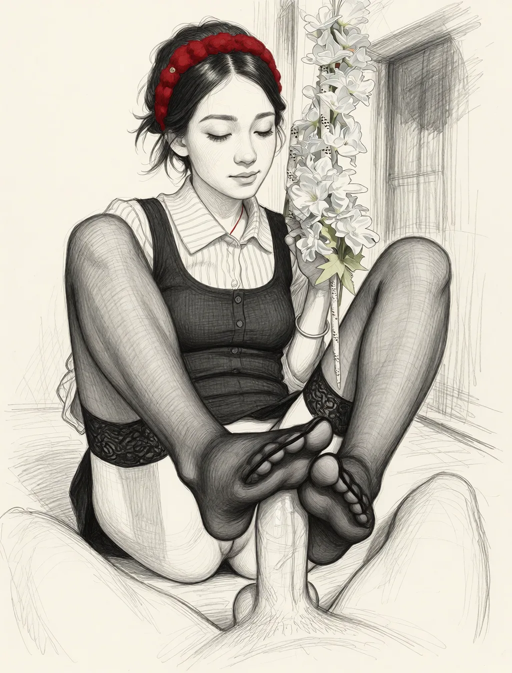 Redraw the entire picture as a hand-drawn graphite sketch on off-white paper: visible pencil strokes, cross-hatched shading, loose construction lines and no colour beyond the grey of the pencil and the tone of the paper. The background is drawn in the same style. Nothing in the frame keeps its photographic appearance. Above all, the picture must show: footjob.This woman stripped.Wearing black stockings.the woman's feet move up and down. her toes surround his penis. the woman is performing a footjob. a woman's feet move up and down. She is stroking his erect penis with her toes and feet. Her toes surround his penis. The woman is performing a footjob. Toejob.