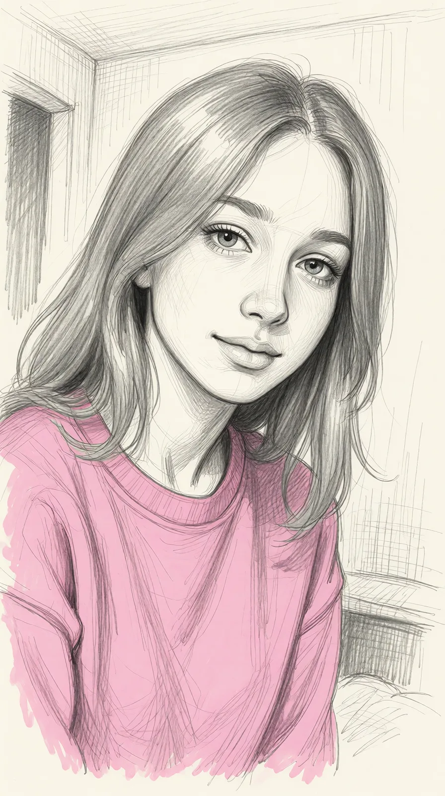 Redraw the entire picture as a hand-drawn graphite sketch on off-white paper: visible pencil strokes, cross-hatched shading, loose construction lines and no colour beyond the grey of the pencil and the tone of the paper. The background is drawn in the same style. Nothing in the frame keeps its photographic appearance. Above all, the picture must show: ahegao.