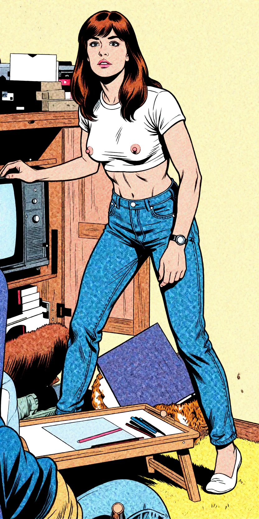 Redraw the entire picture as western comic-book art: heavy black inked outlines, hard-edged cel shading, limited high-contrast colour and visible halftone dot texture. The background is drawn in the same style. Nothing in the frame keeps its photographic appearance. Above all, the picture must show: Nude, tight shirt, erect nippels, tight abs.