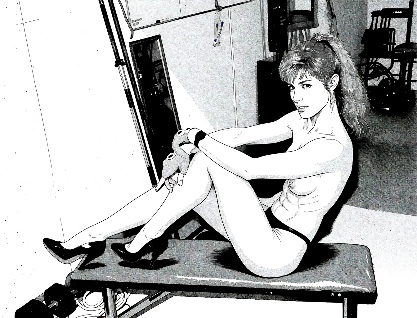 Redraw the entire picture as a black and white manga page: crisp black ink line art, no colour anywhere, flat halftone screentone shading, hatched shadows and clean white highlights, in the look of a printed manga panel. The background is drawn in the same style. Nothing in the frame keeps its photographic appearance. Above all, the picture must show: Nude, erect nippels, tight abs.
