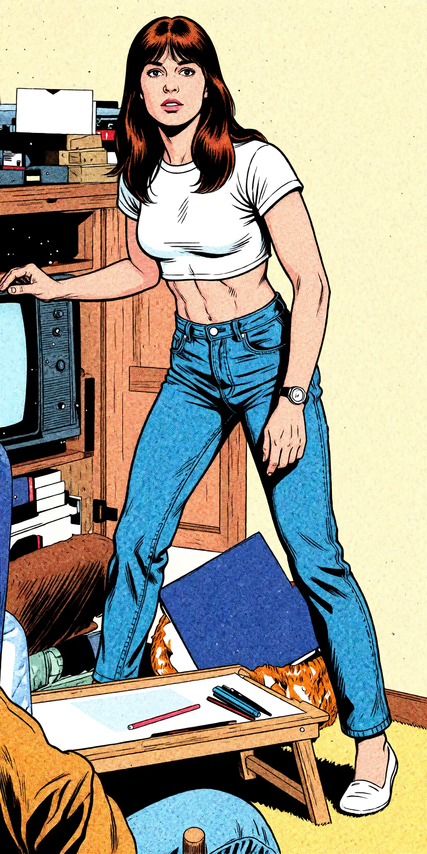 Redraw the entire picture as western comic-book art: heavy black inked outlines, hard-edged cel shading, limited high-contrast colour and visible halftone dot texture. The background is drawn in the same style. Nothing in the frame keeps its photographic appearance. Above all, the picture must show: Tight crop_top, tight abs,pokies.