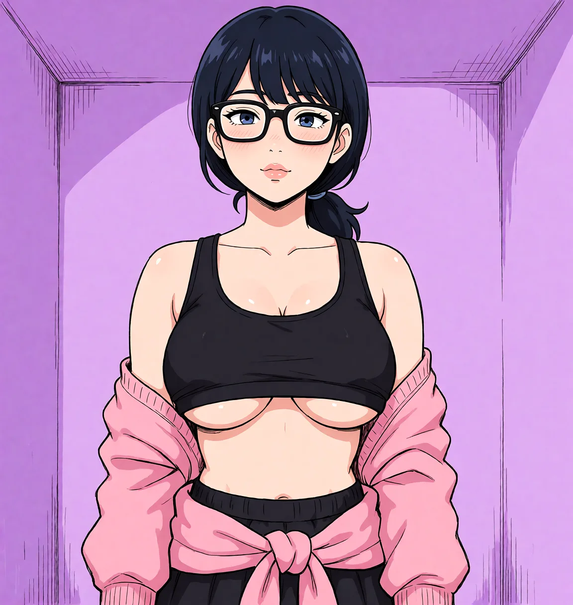 Redraw the entire picture as a hand-drawn anime illustration in flat cel-shaded anime style. It stays the same person with the same face, the same expression, the same hair and the same skin tone, and every other detail of the photograph is kept exactly as it is: nothing is added, removed, moved, uncovered or recoloured. Only the medium changes, and no part of the picture is left photographic. Above all, the picture must show: underboob.