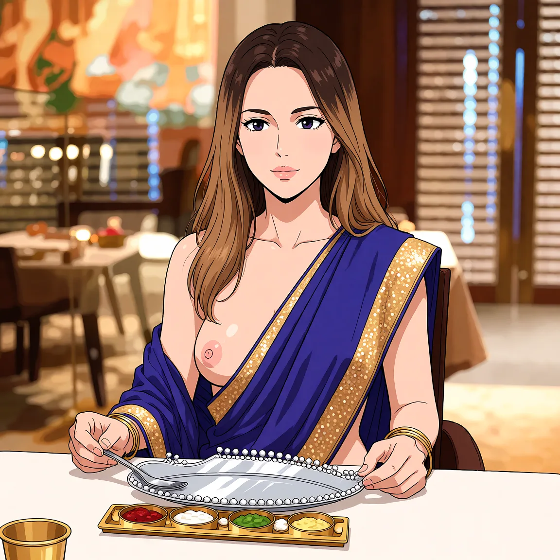 Redraw the entire picture as a hand-drawn anime illustration in flat cel-shaded anime style. It stays the same person with the same face, the same expression, the same hair and the same skin tone, and every other detail of the photograph is kept exactly as it is: nothing is added, removed, moved, uncovered or recoloured. Only the medium changes, and no part of the picture is left photographic. Above all, the picture must show: undressing.
