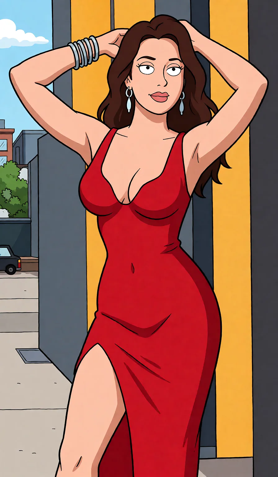 Redraw the entire picture as a western animated cartoon cel: thick even outlines, flat bright blocks of colour, simplified rounded shapes and hard-edged shadows, in the look of a television cartoon rather than of a camera. Keep the woman's adult proportions and adult figure exactly as they are; only the drawing style changes. The background is drawn in the same style. Nothing in the frame keeps its photographic appearance. Above all, the picture must show: futa_with_female.