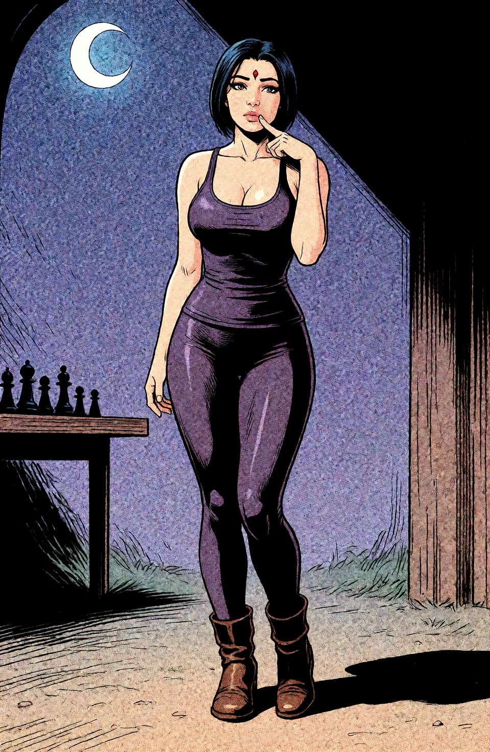 Redraw the entire picture as western comic-book art: heavy black inked outlines, hard-edged cel shading, limited high-contrast colour and visible halftone dot texture. The background is drawn in the same style. Nothing in the frame keeps its photographic appearance. Above all, the picture must show: get out her breasts.