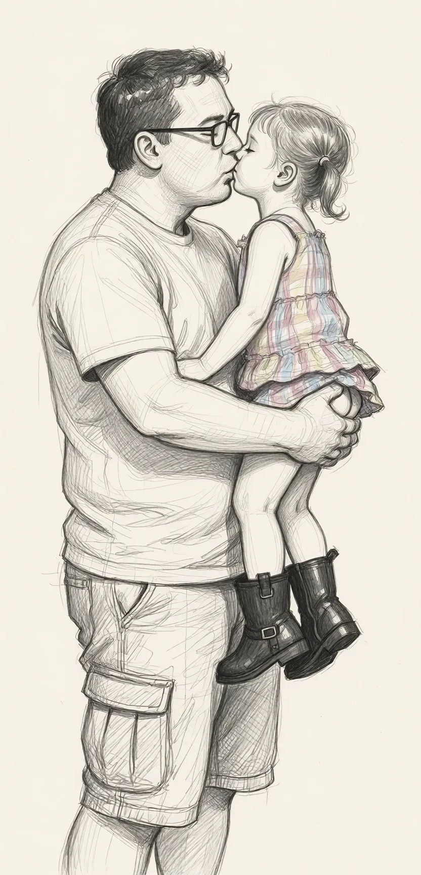Redraw the entire picture as a hand-drawn graphite sketch on off-white paper: visible pencil strokes, cross-hatched shading, loose construction lines and no colour beyond the grey of the pencil and the tone of the paper. The background is drawn in the same style. Nothing in the frame keeps its photographic appearance. Above all, the picture must show: He is glasses, she's small, he picks her up, French kissing, her skirt pushed up, he's squeezing her butt.
