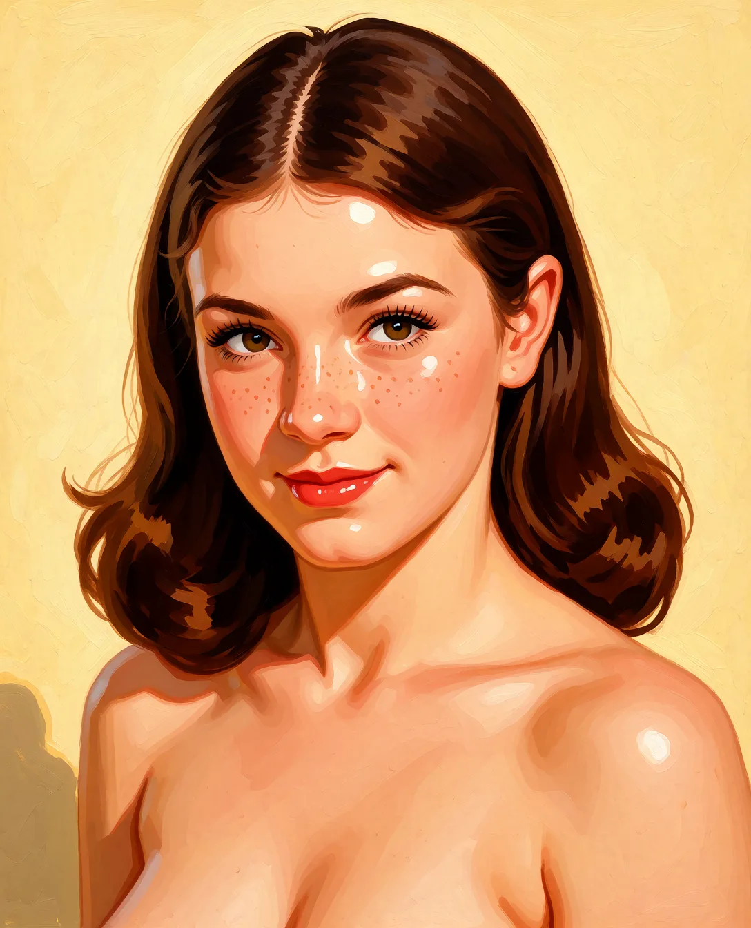 Redraw the entire picture as a retro pin-up illustration: smooth airbrushed gouache paint, warm saturated mid-century colour, clean confident outlines and glamorous stylised features, in the look of a 1950s pin-up poster. The background is painted in the same style. Nothing in the frame keeps its photographic appearance. Above all, the picture must show: nude.