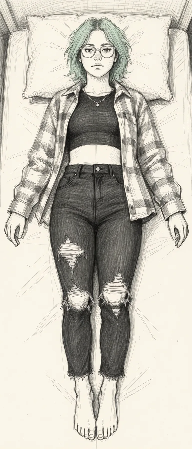 Redraw the entire picture as a hand-drawn graphite sketch on off-white paper: visible pencil strokes, cross-hatched shading, loose construction lines and no colour beyond the grey of the pencil and the tone of the paper. The background is drawn in the same style. Nothing in the frame keeps its photographic appearance. Above all, the picture must show: completely_nude top-down_bottom-up bottomless.